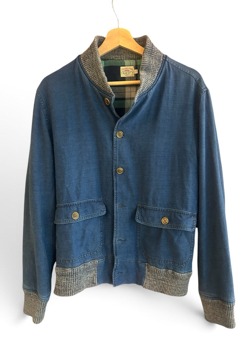 FAHERTY Men’s Bomber Chore Jacket Indigo Knit-Trim Men's Jacket Plaid Interior